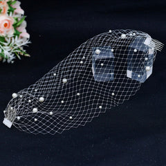 Romantic Faux Pearl Embellished Single Layer Birdcage Veil Hair Comb - White