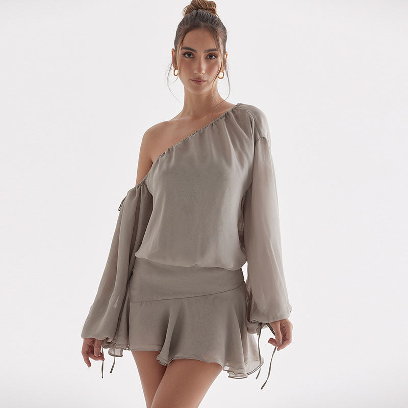 Chiffon Ruffle Hem Bishop Sleeve One Shoulder Mini Dress - Gray