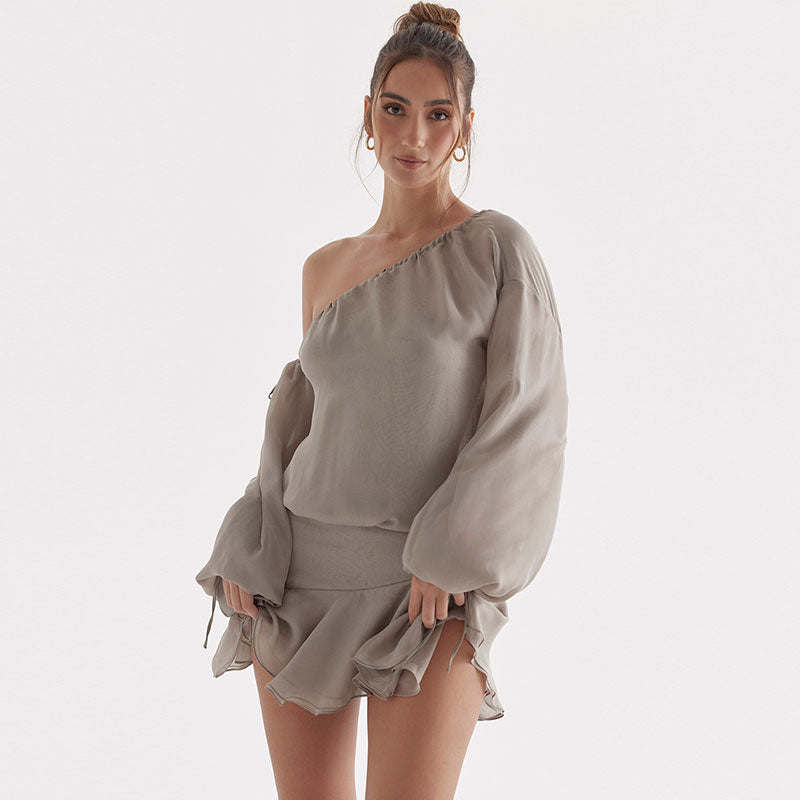 Chiffon Ruffle Hem Bishop Sleeve One Shoulder Mini Dress - Gray