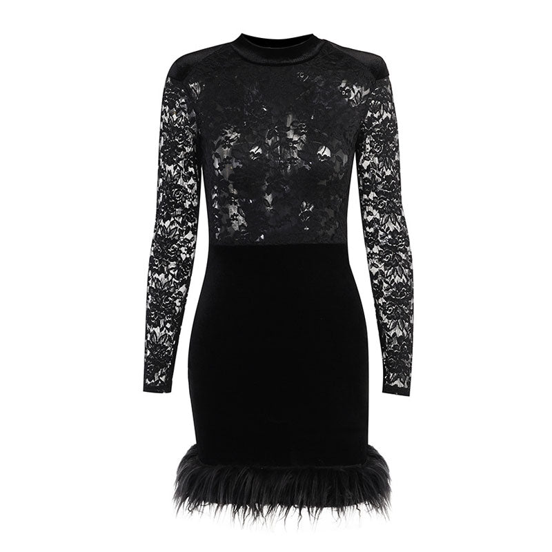 High Neck Long Sleeve Floral Lace Panel Trim Feather Mini Dress - Black