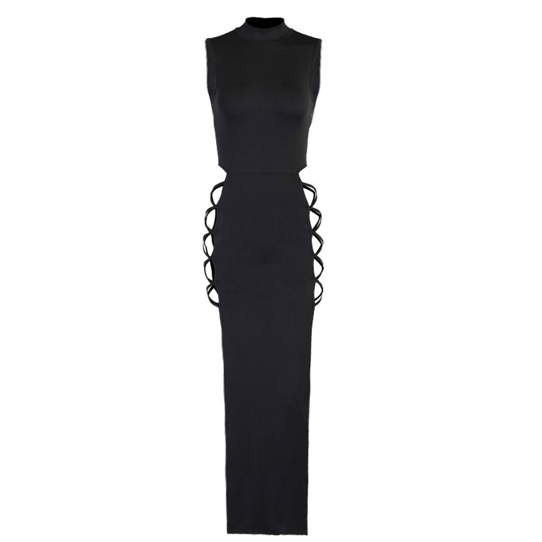 High Neck Sleeveless High Slit  Cut Out Maxi Dress - Black