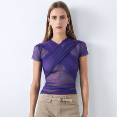 Lettuce V Neck Short Sleeve Wrap Tied Ruched Sheer Mesh Top - Purple