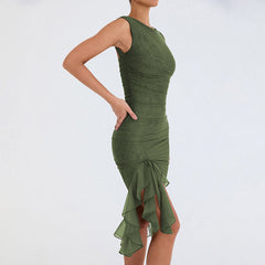 Mesh Ruched Crew Neck Sleeveless Bodycon Ruffle Cocktail Midi Dress - Army Green