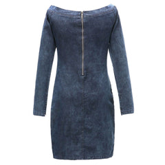 Off Shoulder Long Sleeve Bodycon Denim Mini Dress - Blue