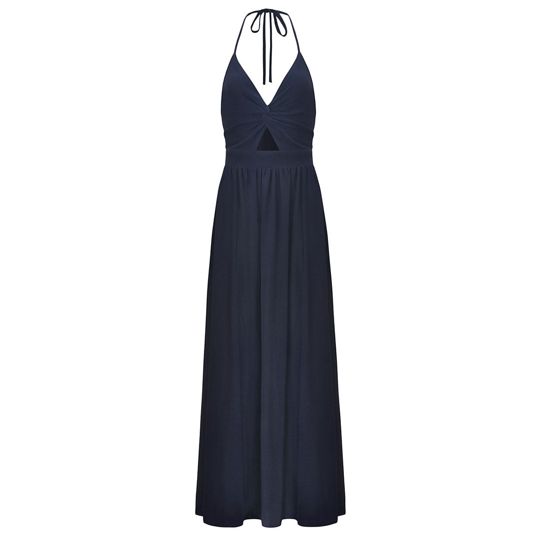 Split Low Back Twist Front V Neck Halter Vacation Maxi Dress - Navy