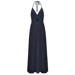 Split Low Back Twist Front V Neck Halter Vacation Maxi Dress - Navy