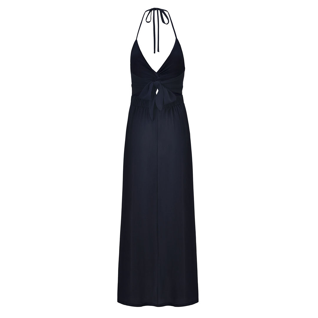 Split Low Back Twist Front V Neck Halter Vacation Maxi Dress - Navy