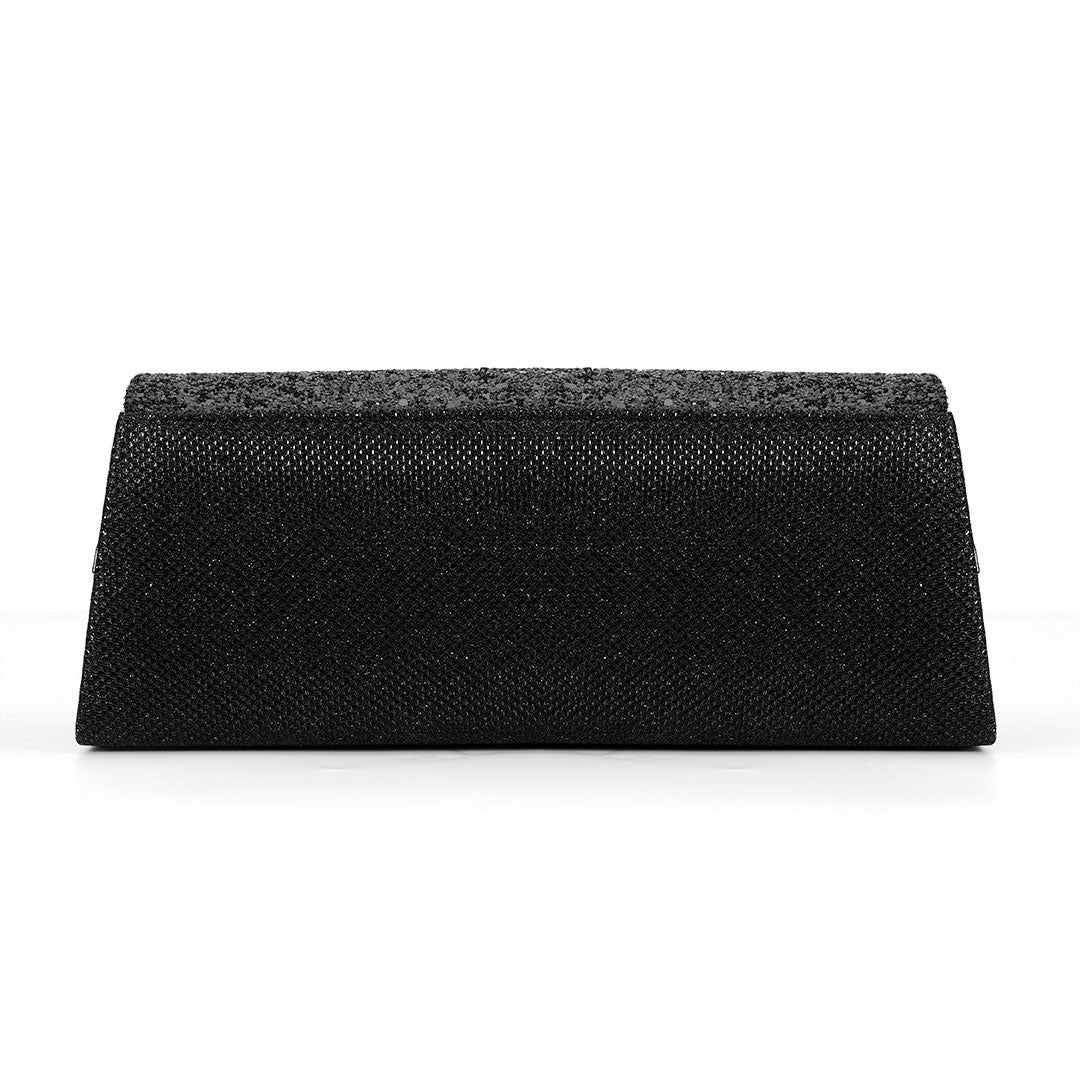 Shimmery Rhinestone Embellished Textured Flap Clutch Evening Bag - Black