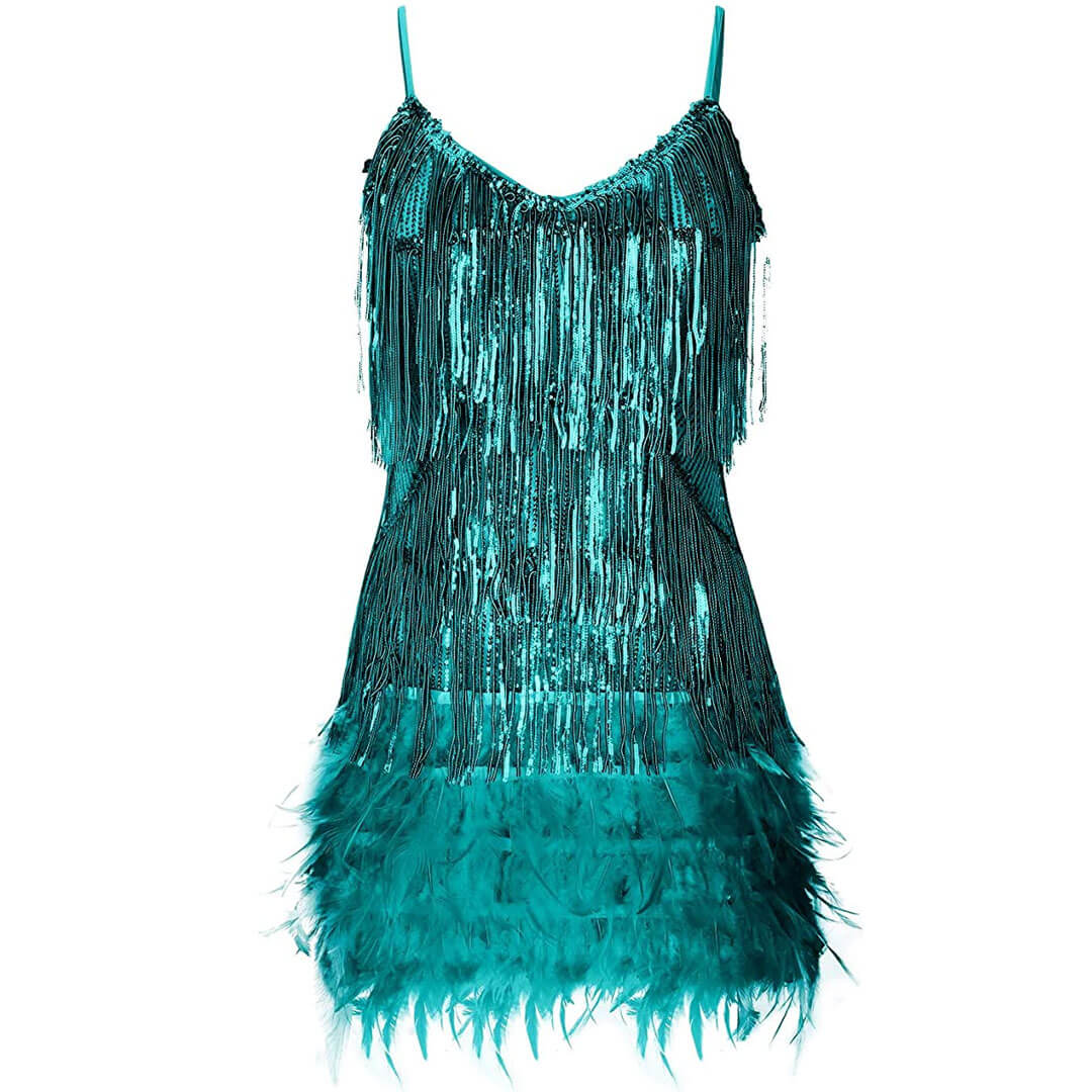 Shimmery Scoop Neck Sequin Fringe Feather Slip Flapper Mini Dress - Teal Green