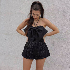 Sparkly Sequin Bow Embellished Halter Neck Party Romper - Black