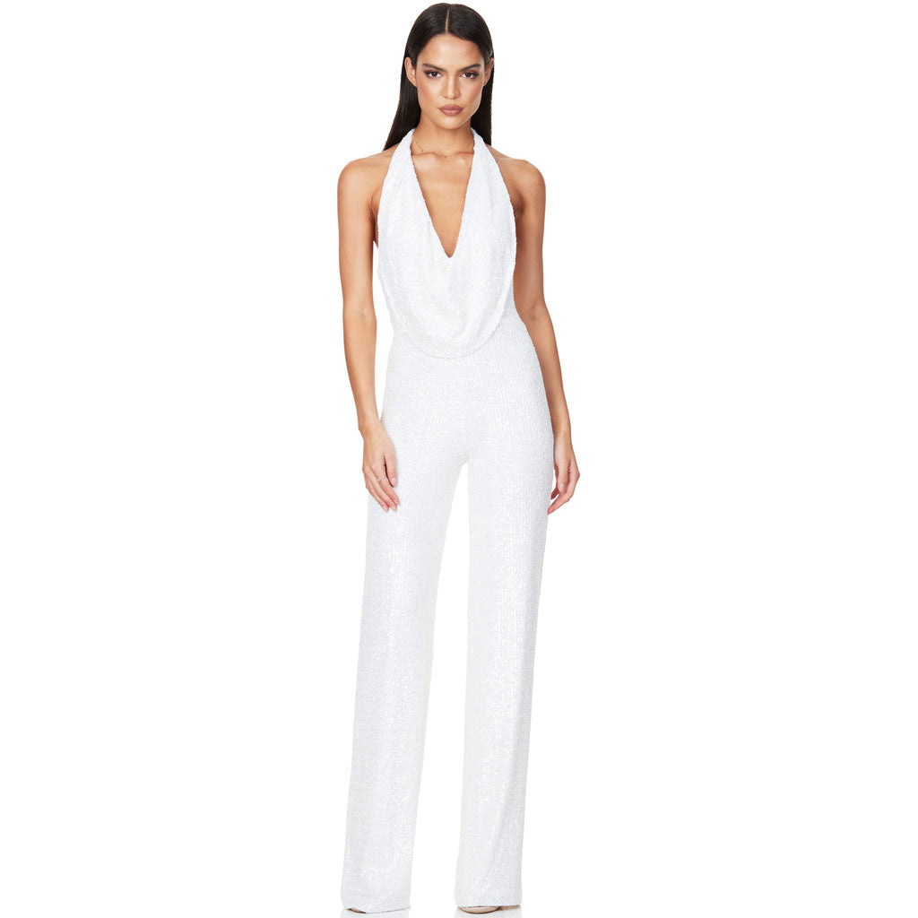 Sparkly Sequin Halter Cowl Neck Wide Leg Backless Jumpsuit - White