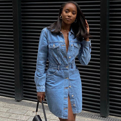 Street Style Button Down Long Sleeve Denim Midi Dress - Blue