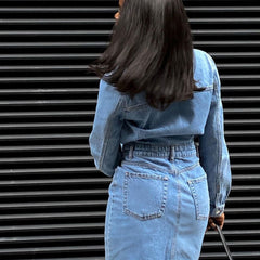 Street Style Button Down Long Sleeve Denim Midi Dress - Blue