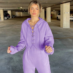 Street Style Lace Up Hooded Drop Shoulder Long Sleeve Jumpsuit - Purple