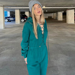 Street Style Lace Up Hooded Drop Shoulder Long Sleeve Jumpsuit - Turquoise