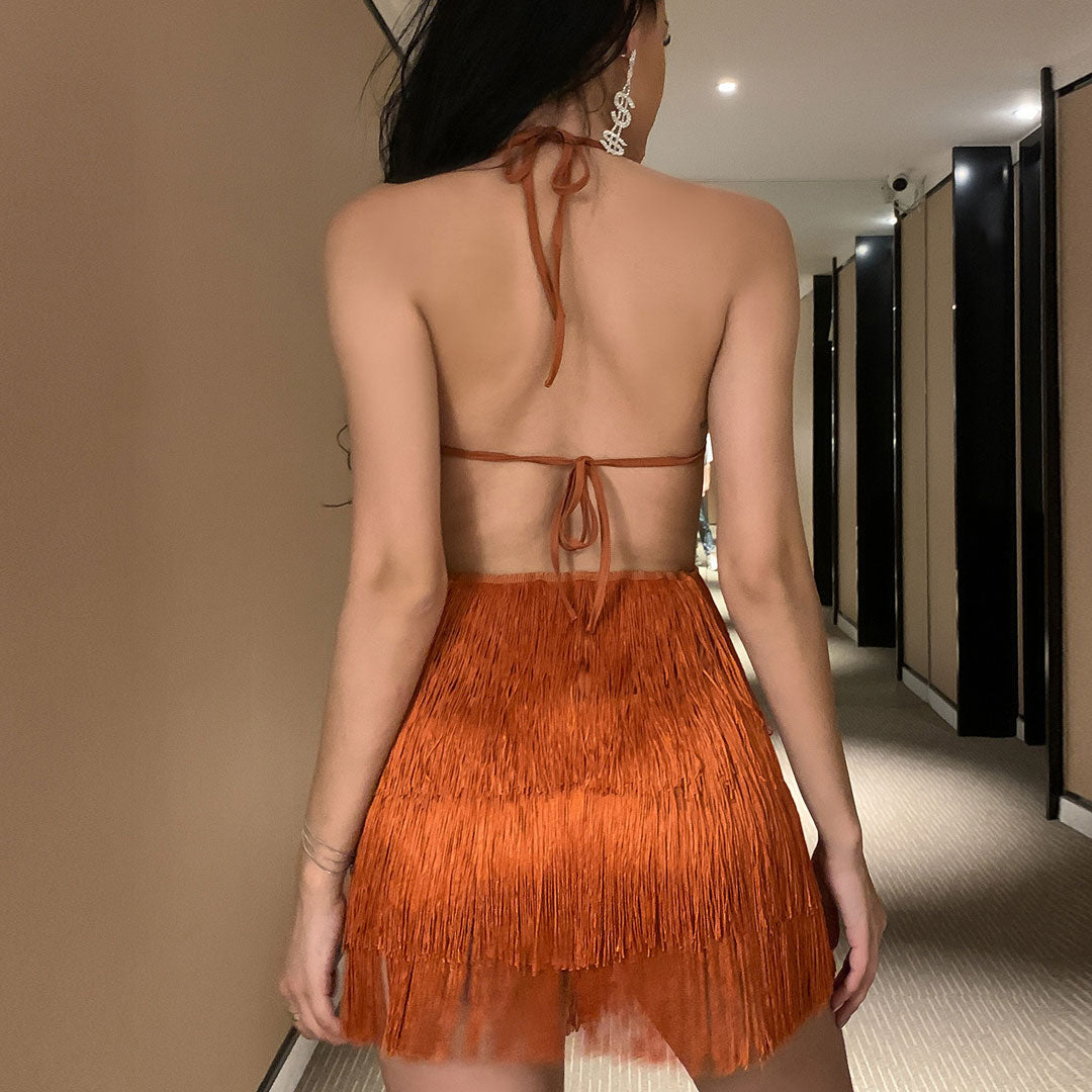 Stunning Fringe Sleeveless Halter Neck Backless Party Romper - Brown