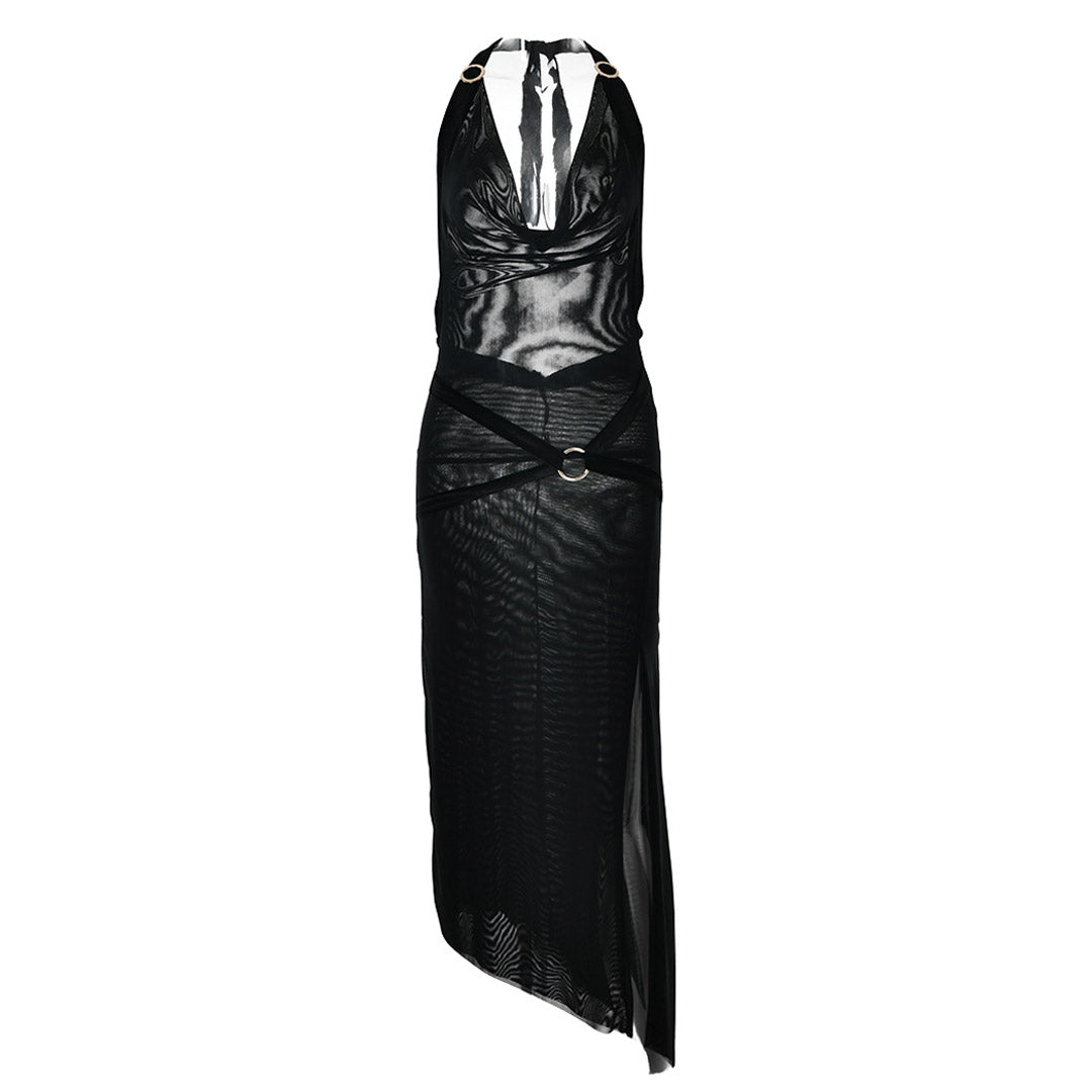 Stylish High Split Sheer Mesh O Ring Halter Cowl Neck Backless Midi Dress - Black