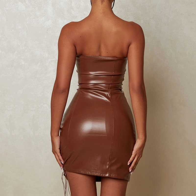 Sultry Faux Leather Strapless Lace Up Cut Out Bodycon Club Mini Dress - Brown