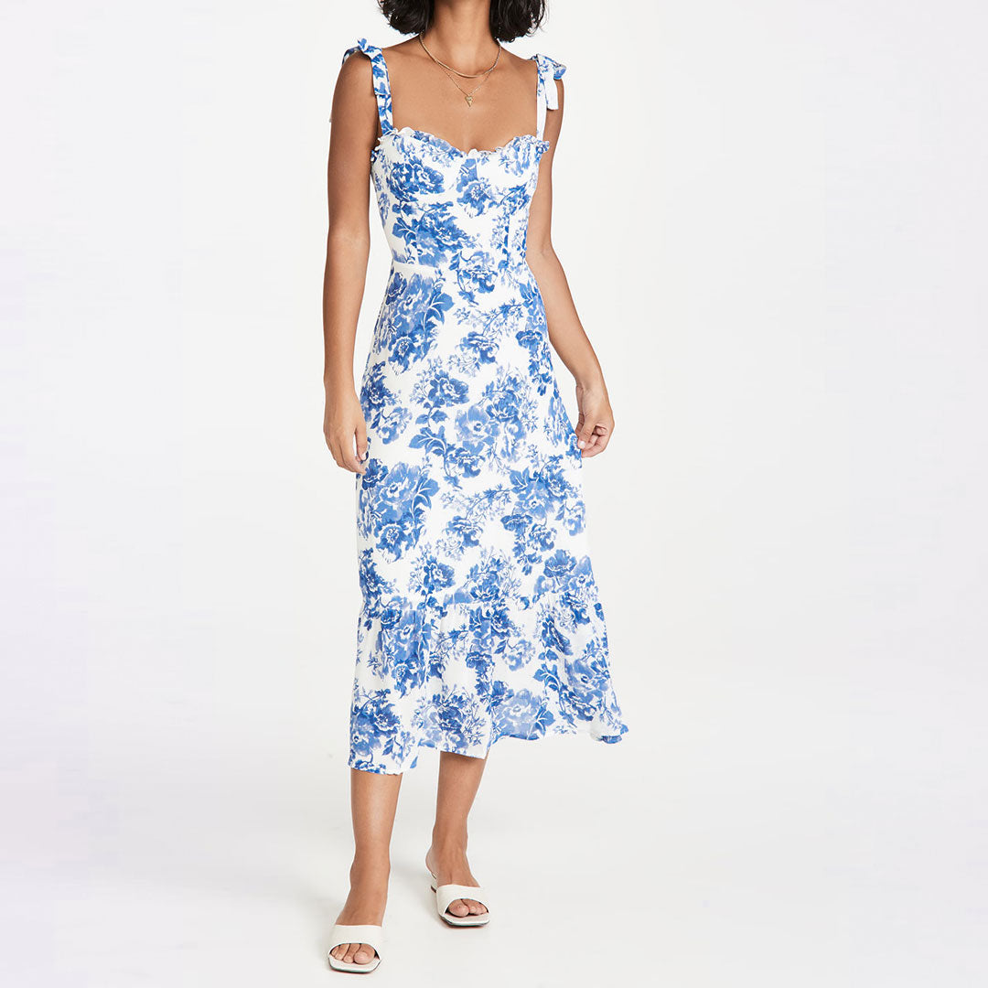 Summery Ruffle Trim Floral Printed Tie Strap Midi Sundress - Blue