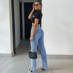 Trendy Cut Out High Waist Side Slit Wide Leg Jeans - Blue