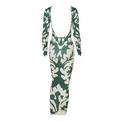 Trendy Long Sleeve Camo Print Backless Maxi Dress - Green