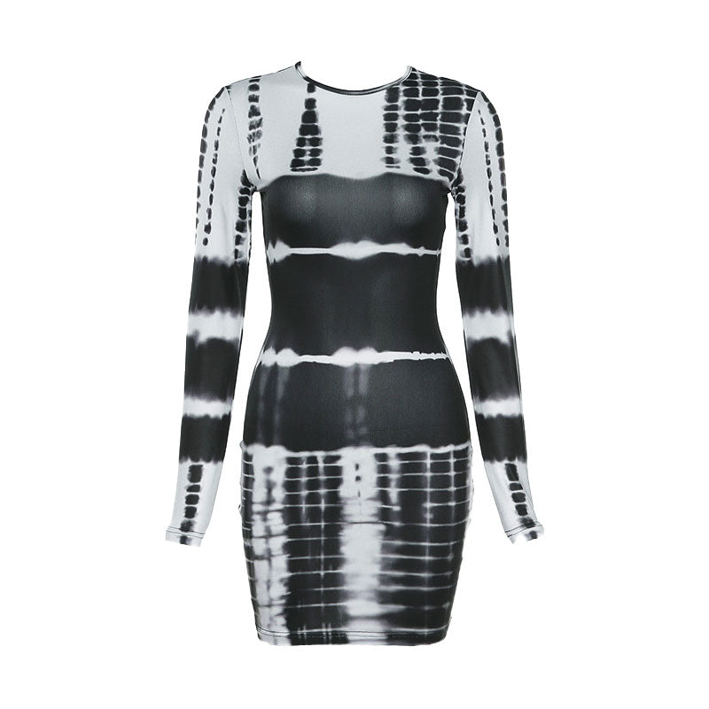 Trendy Mélange Tie Dye Bodycon Long Sleeve Mini Dress - Black