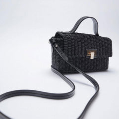 Vacation Ready Woven Faux Leather Trim Top Handle Crossbody Bag - Black