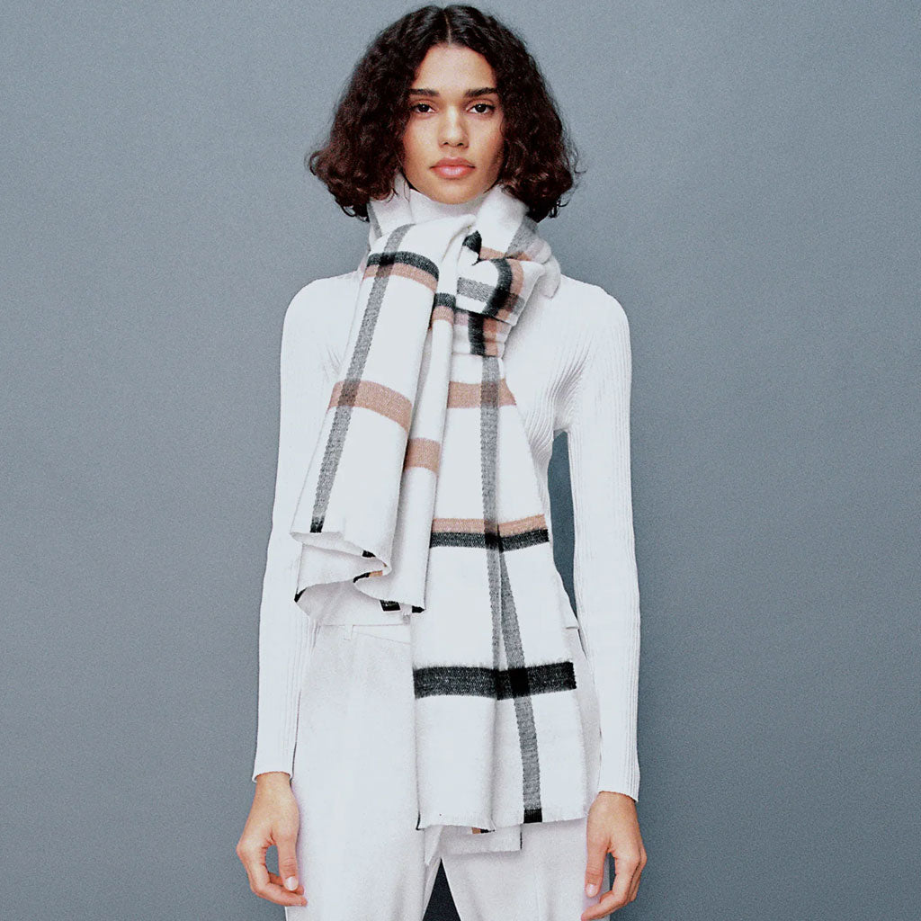 Versatile Plaid Print Frayed Oversized Blanket Scarf - White