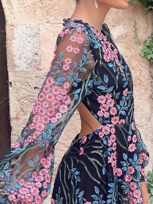 Bare Back Long Sleeve Print Dress