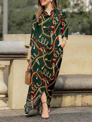 Chain Print Lapel Button Long Sleeve Dress