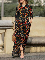 Chain Print Lapel Button Long Sleeve Dress