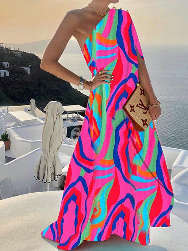 One Shoulder Print Swing Dress