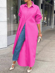 Solid Long Sleeve Slit Shirt Dress