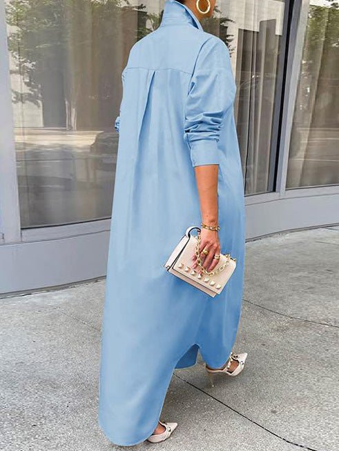 Solid Long Sleeve Slit Shirt Dress