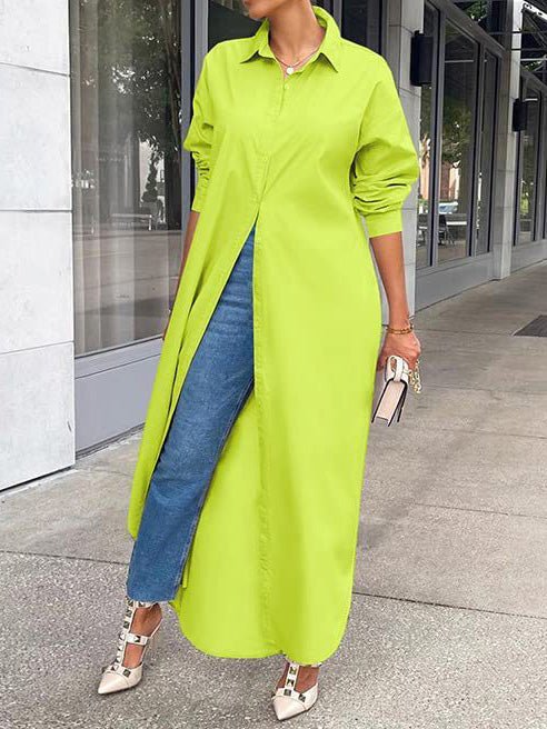 Solid Long Sleeve Slit Shirt Dress