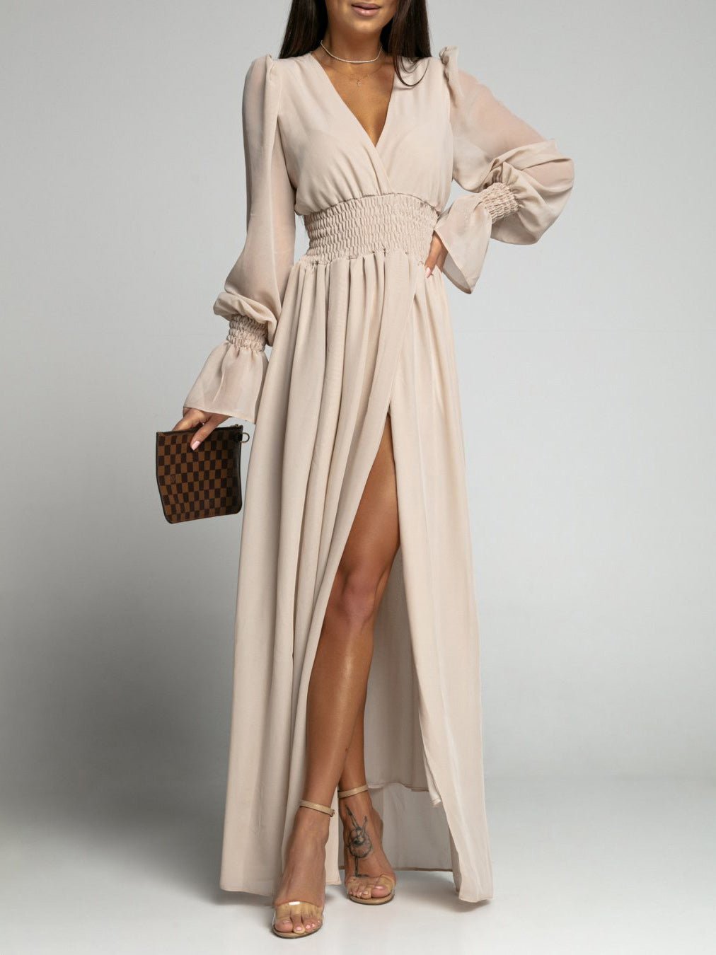 V-Neck Elastic Waist Long Sleeve Slit Dress