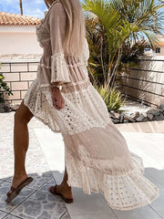 V-Neck Lace Panel Ruffle Irregular Dress