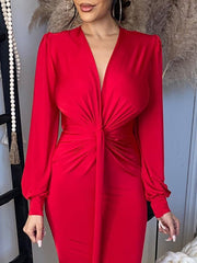 V Neck Long Sleeve Slim Fit Slit Dress