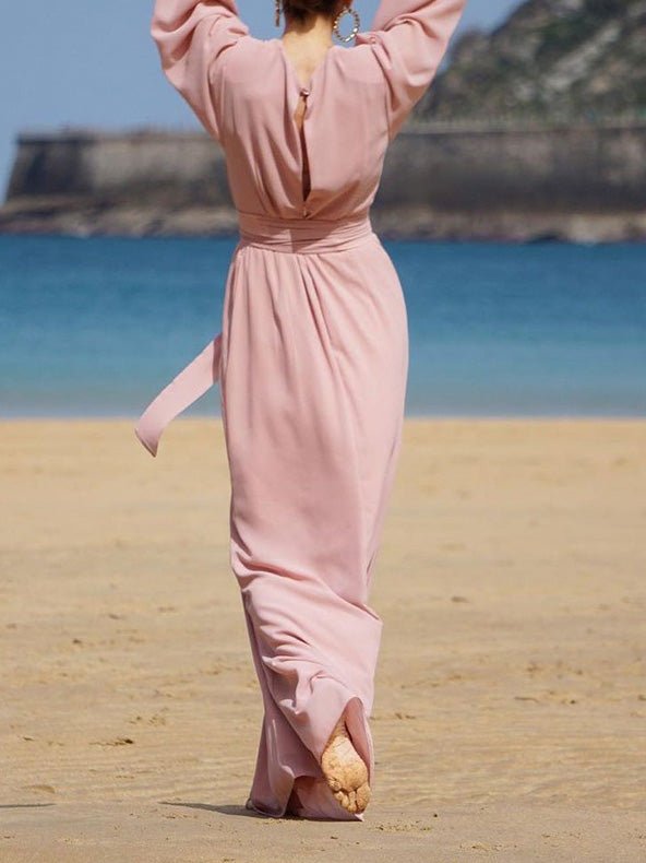 V-Neck Tie Balloon Sleeve Dress